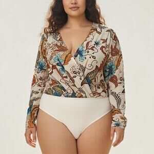 Canvas Floral Bodysuit 2XL Cream Rust Blue Surplice Long Sleeve - New